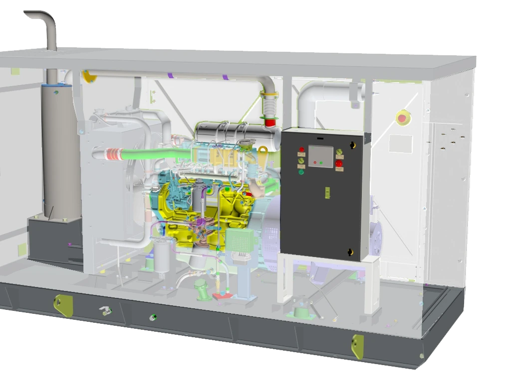 Manufacturer cutaway illustration of the Kirloskar diesel genset range, showing internal equipment layout