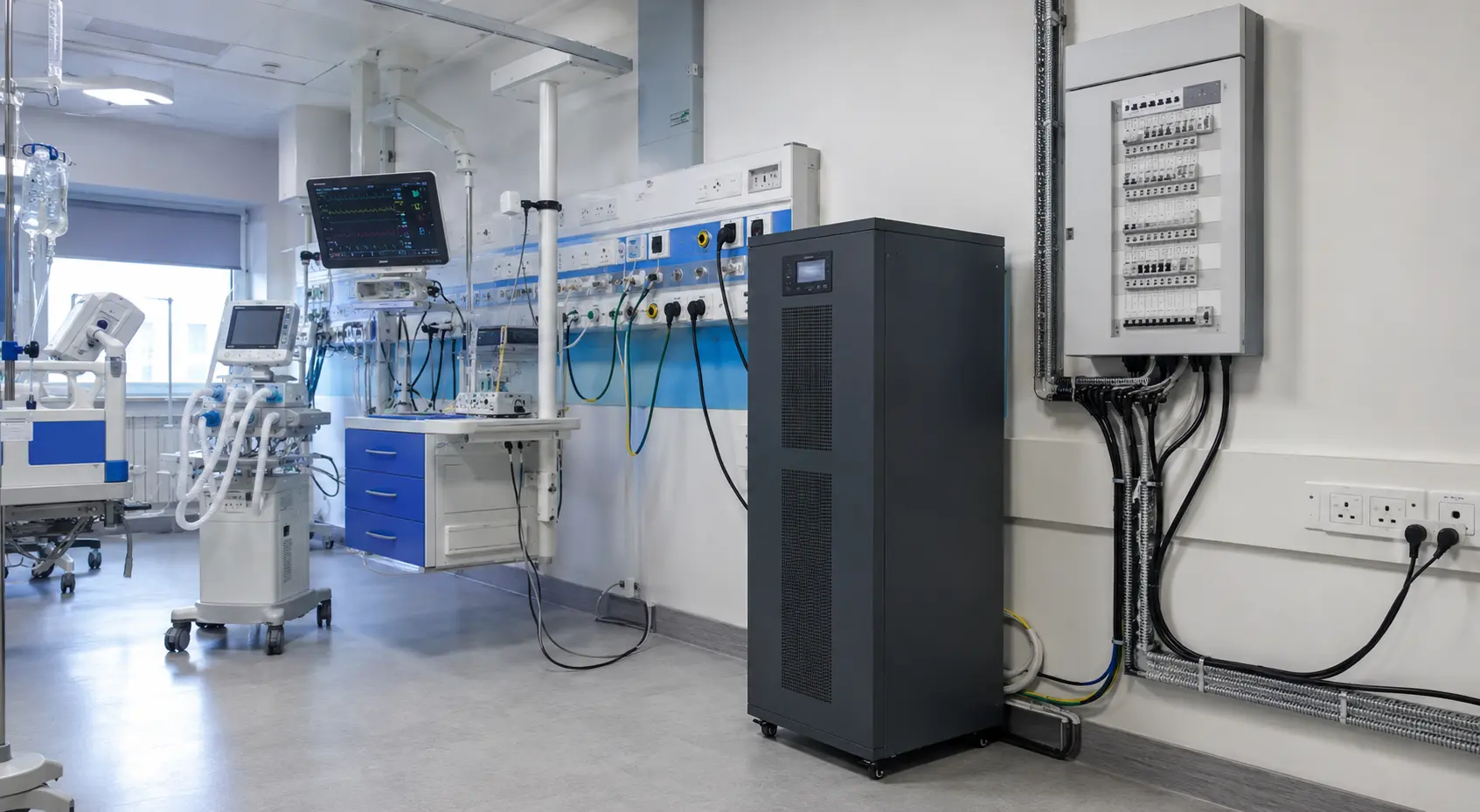 Hospital equipment room supported by UPS power infrastructure