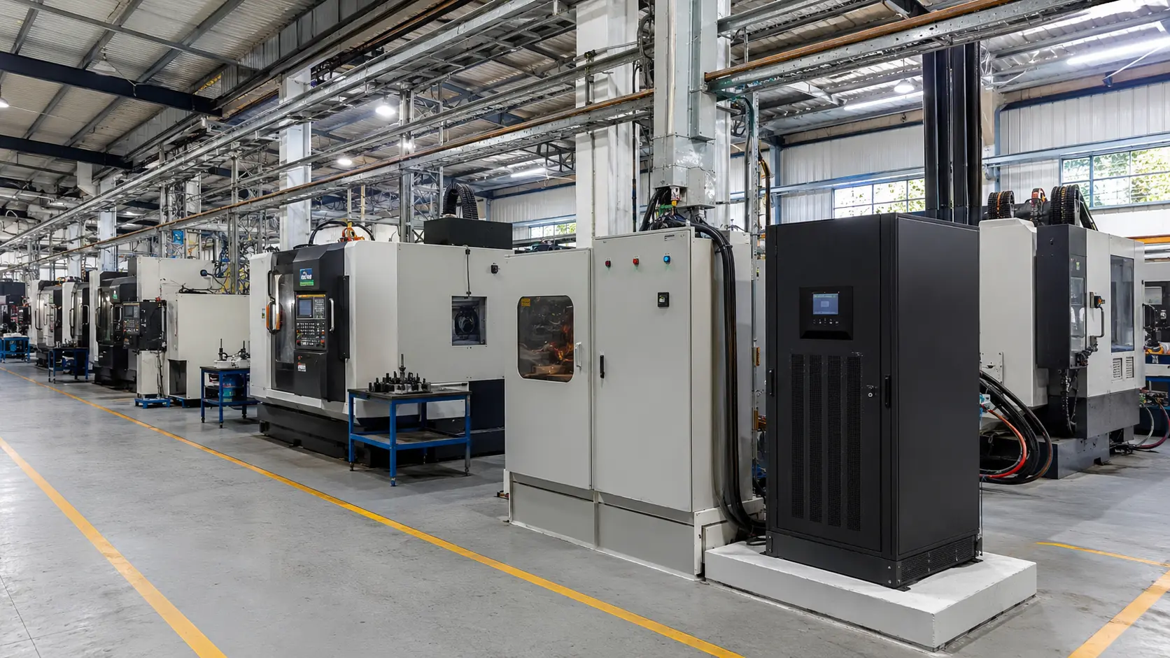 CNC manufacturing floor with industrial UPS power protection