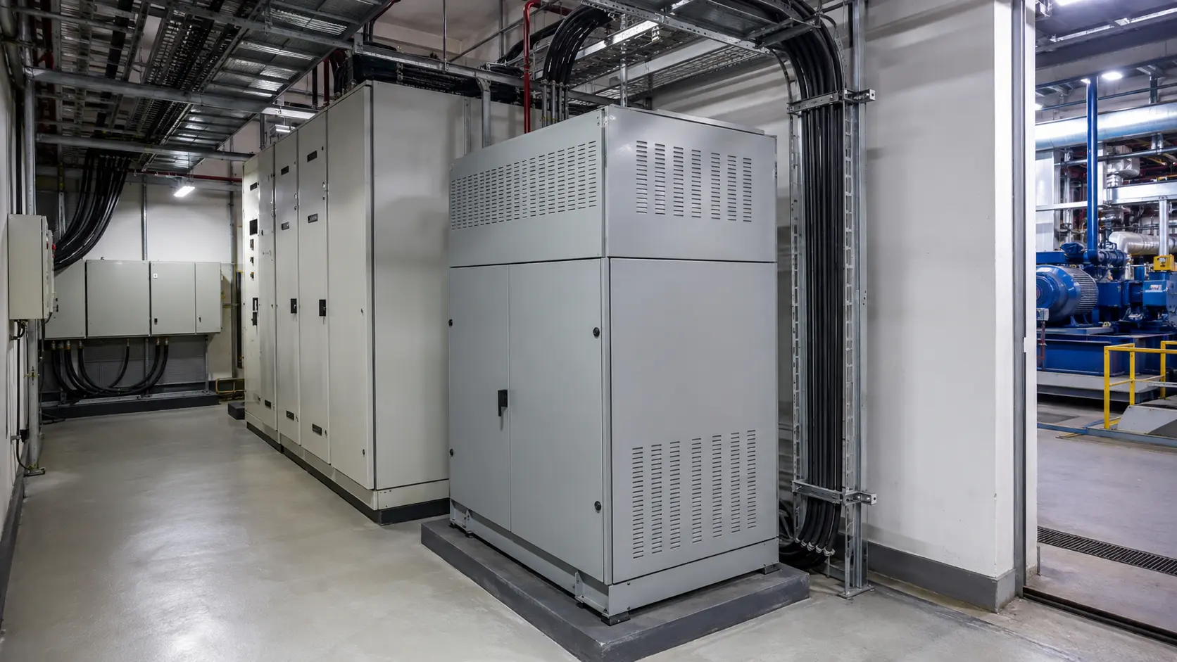 Industrial electrical room with servo voltage conditioning equipment