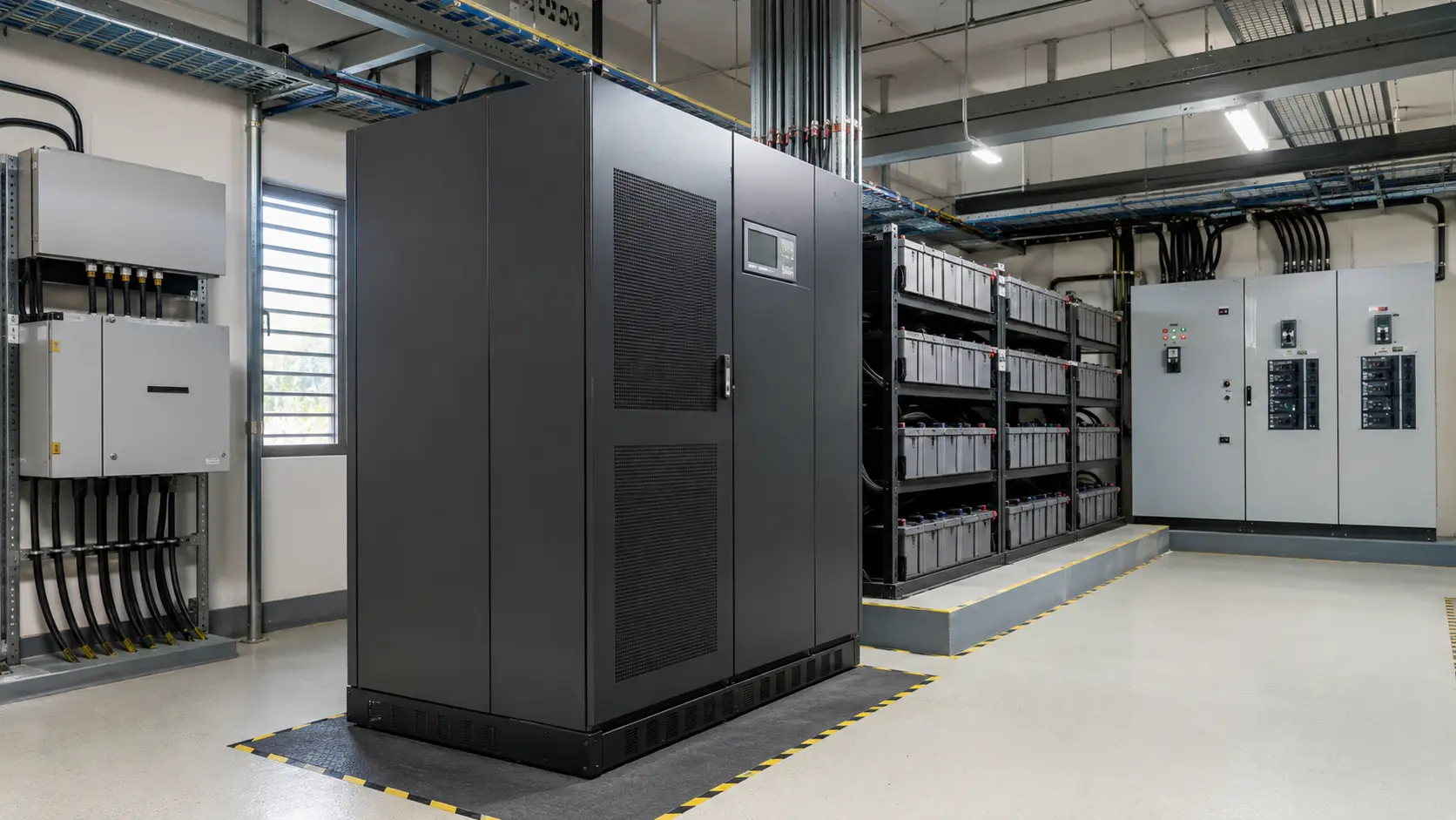 Online UPS electrical room with external battery banks and bypass distribution