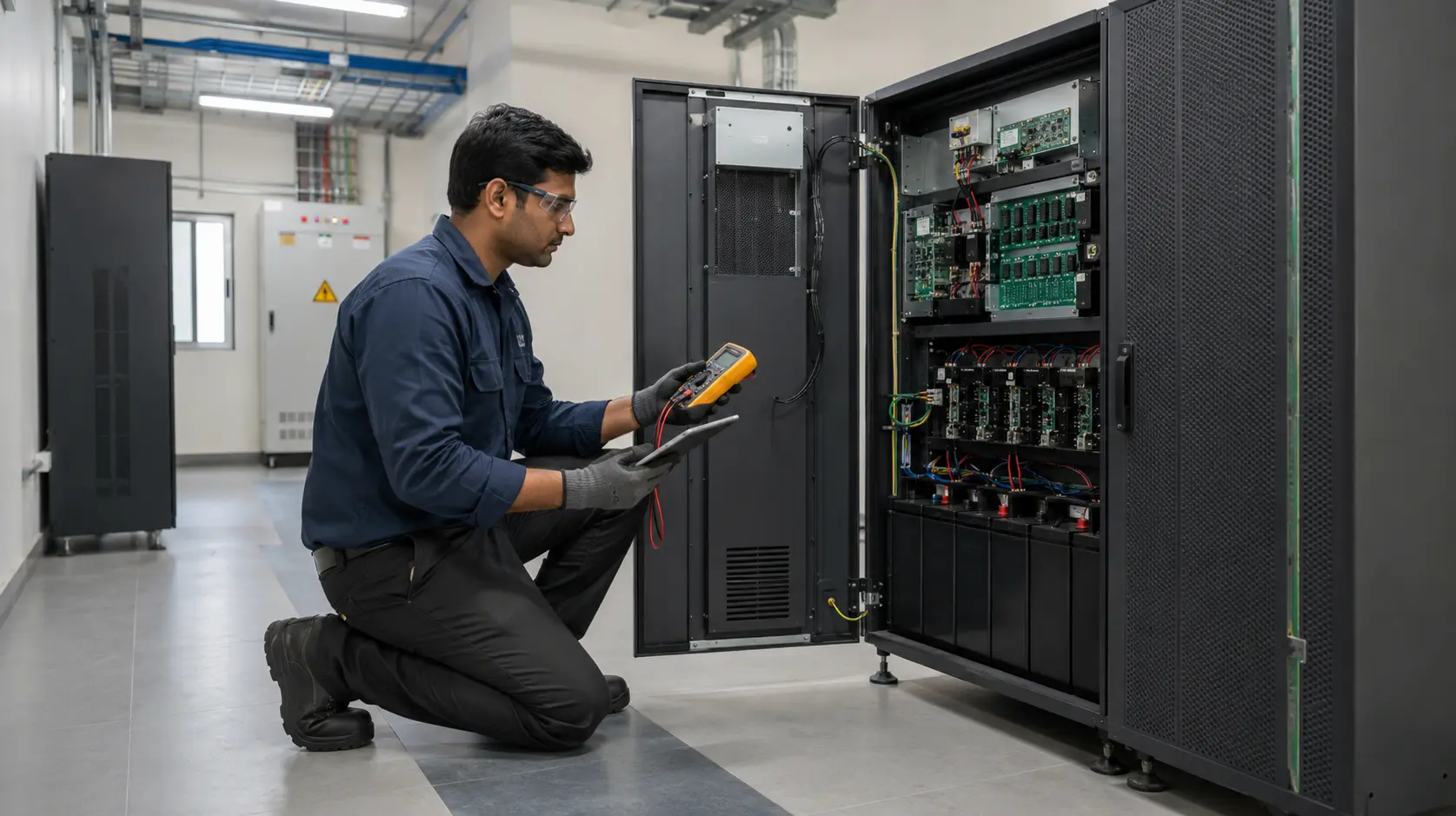 Technician maintaining an industrial UPS system